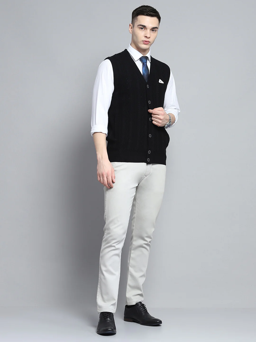 Men Black Self Design V Neck Sleeveless Cardigan - Image 2