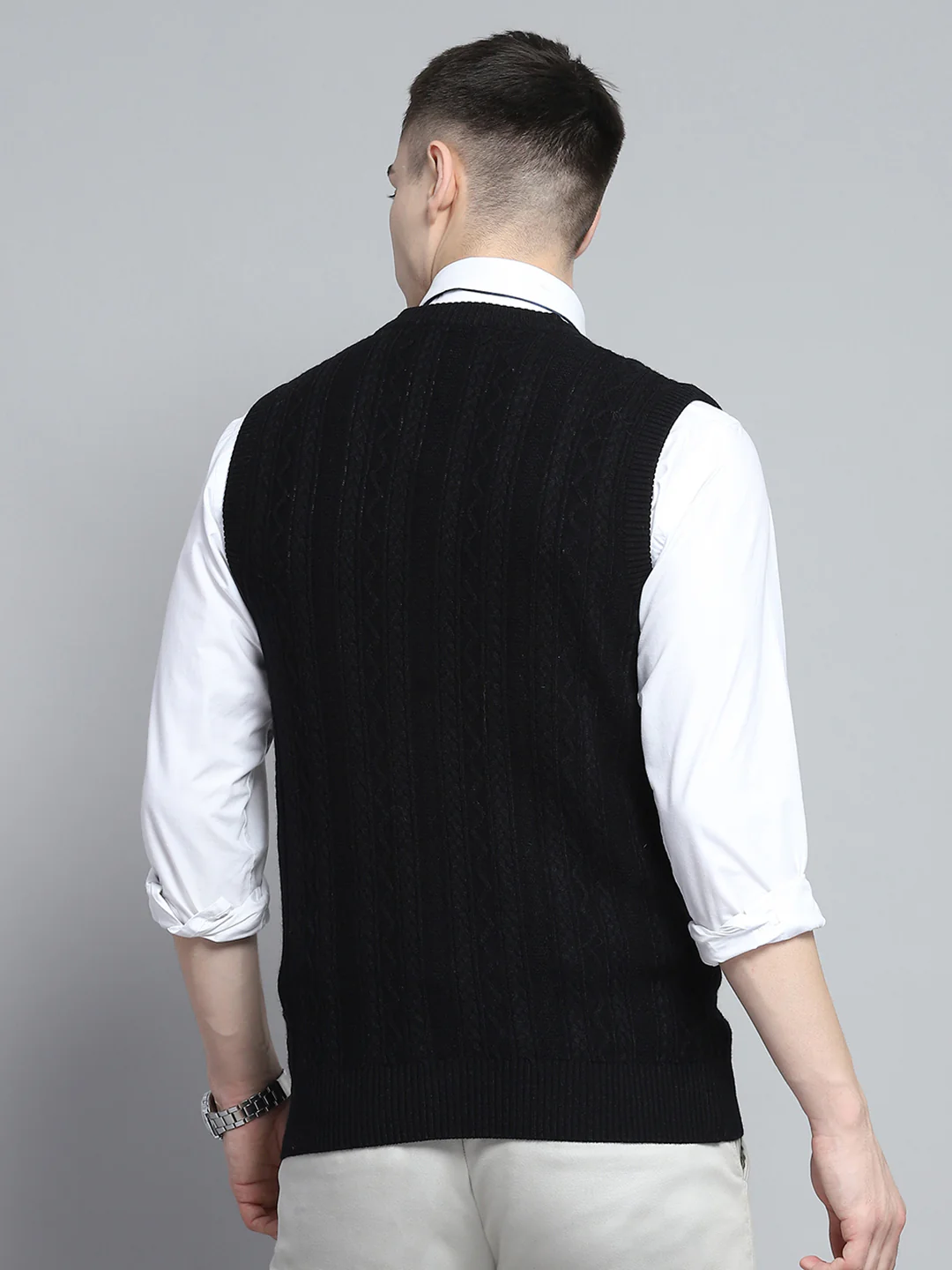 Men Black Self Design V Neck Sleeveless Cardigan - Image 5