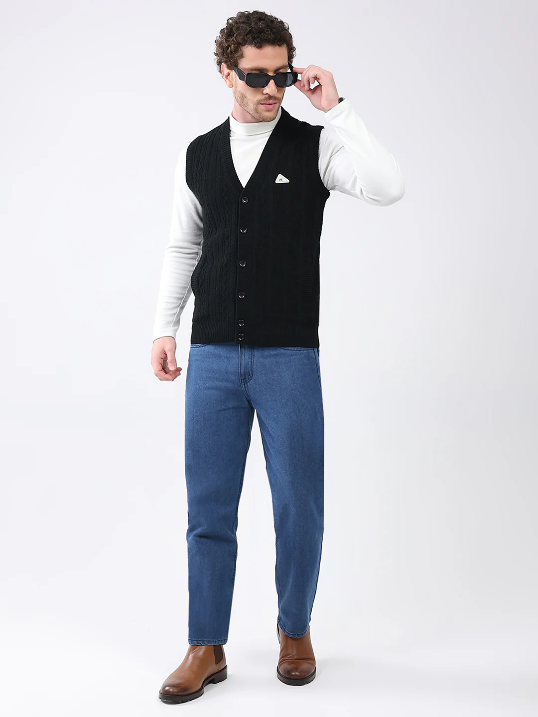 Men Black Self Design V Neck Sleeveless Cardigan - Image 2