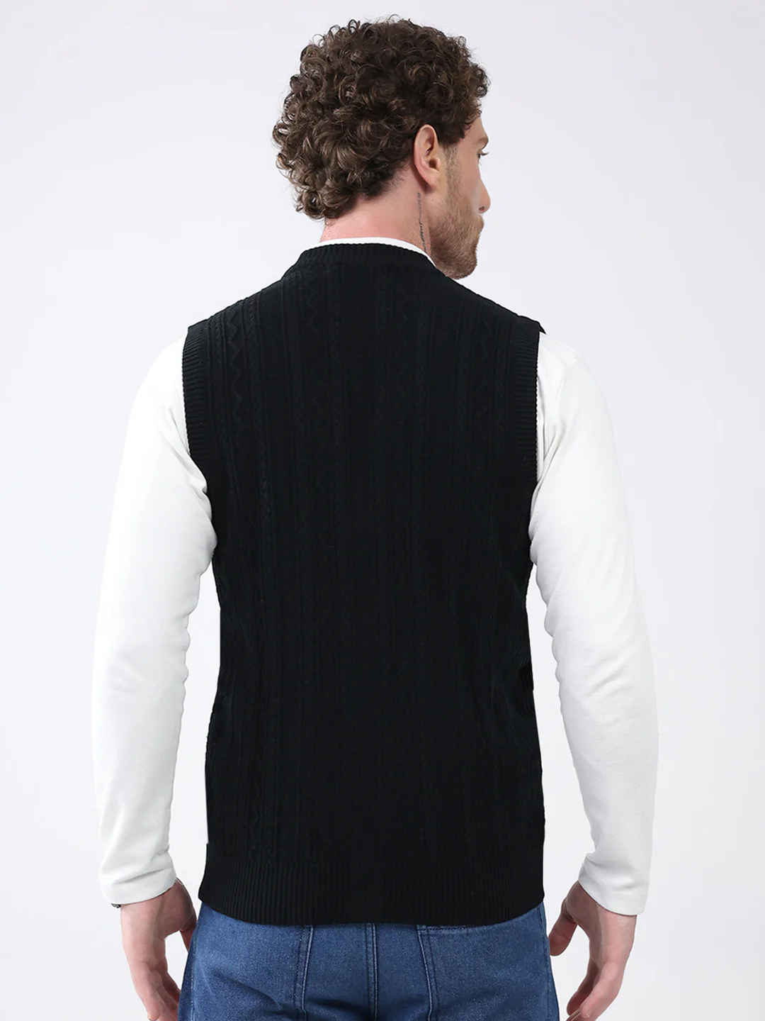 Men Black Self Design V Neck Sleeveless Cardigan - Image 5