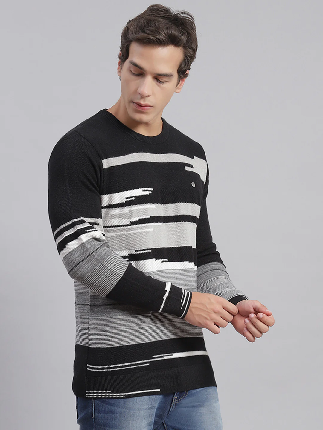 Men Black Self Design Round Neck Full Sleeve Sweaters/Pullovers - Image 4