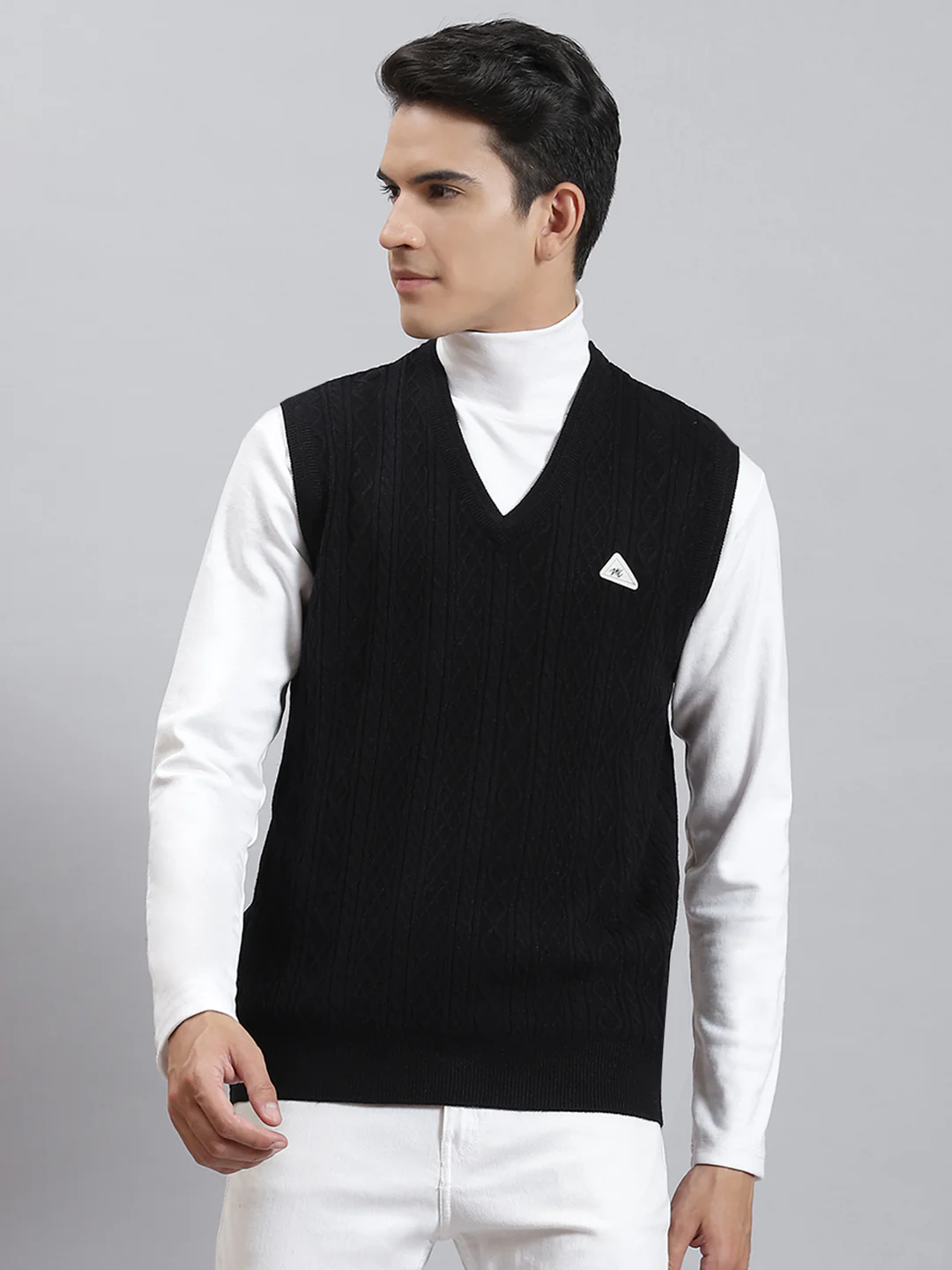Men Black Self Design V Neck Sleeveless Sweaters/Pullovers - Image 2