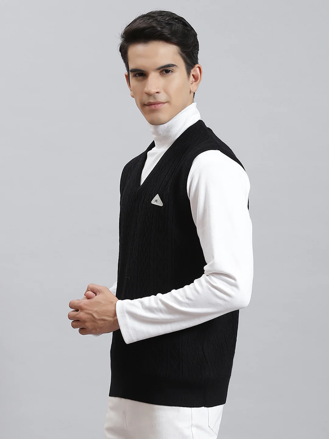 Men Black Self Design V Neck Sleeveless Sweaters/Pullovers - Image 3