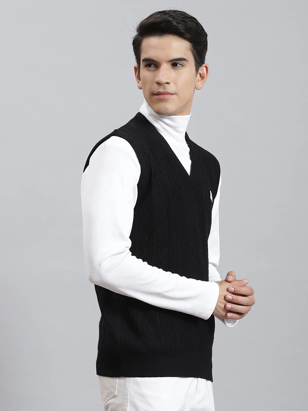 Men Black Self Design V Neck Sleeveless Sweaters/Pullovers - Image 4