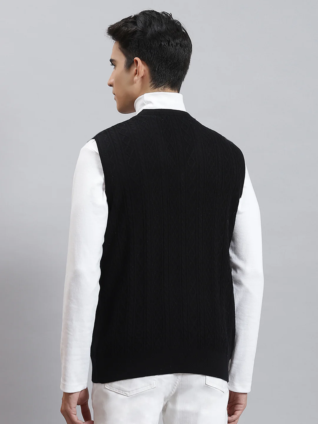 Men Black Self Design V Neck Sleeveless Sweaters/Pullovers - Image 5