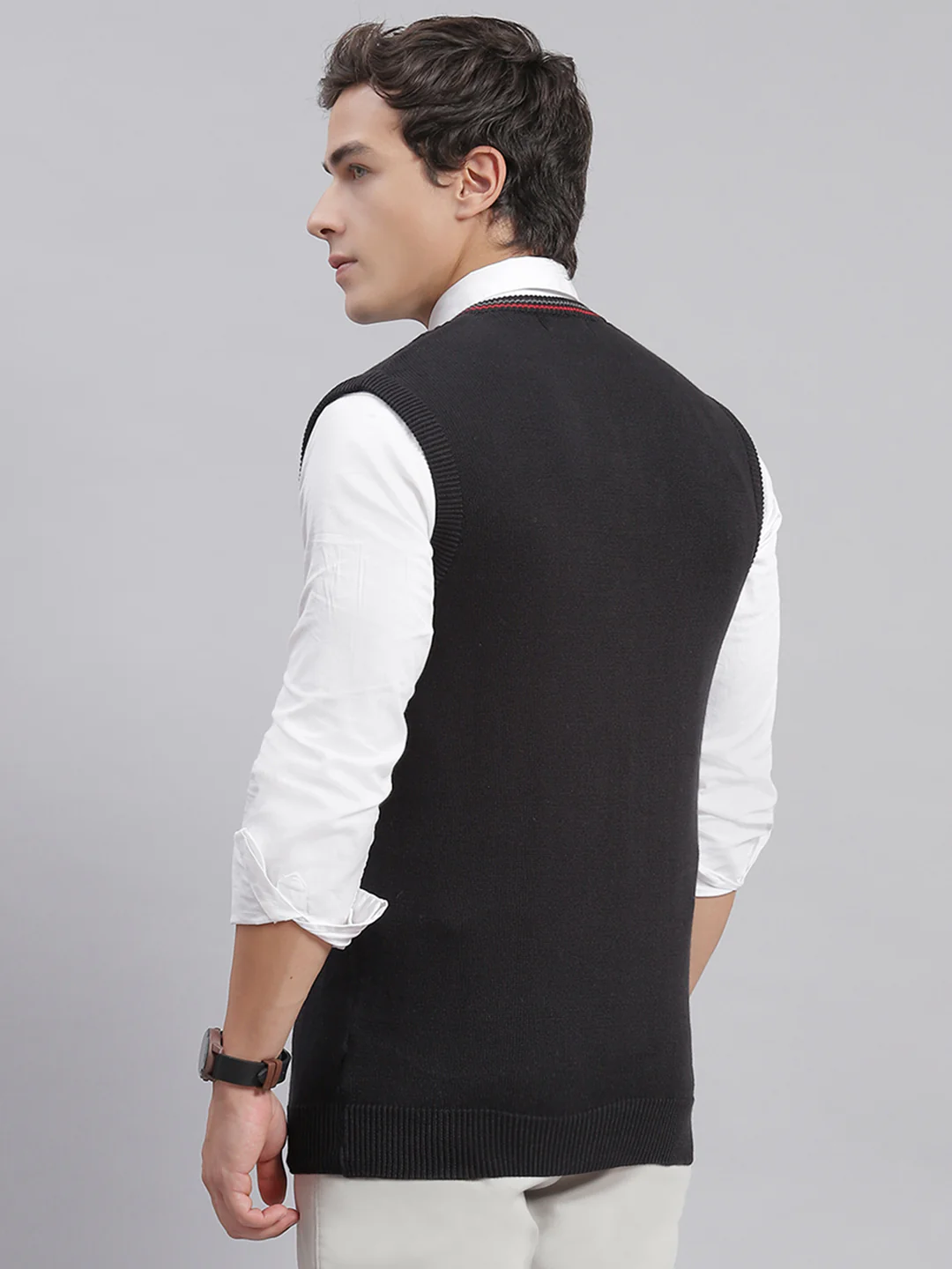 Men Black Self Design V Neck Sleeveless Sweaters/Pullovers - Image 5