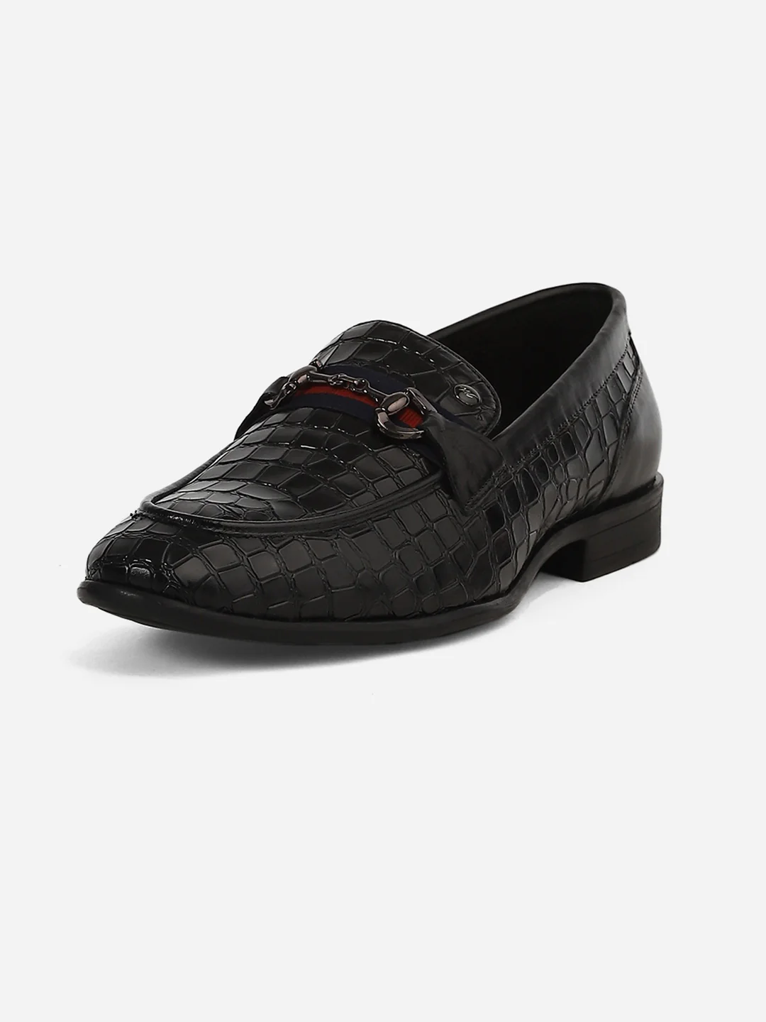 Men Black Slip-On Genuine Leather Croco Print Penny Loafers - Image 5