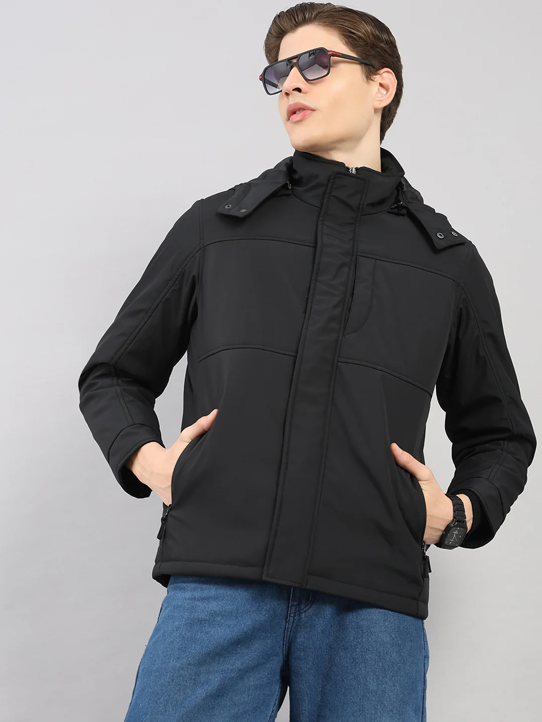 Men Black Solid 4 in 1 Convertible Hooded Jacket Wear It 4 Ways - Image 6