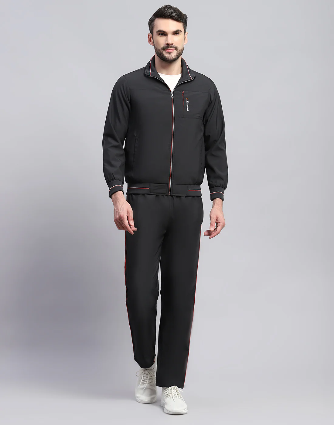 Men Black Solid Band Collar Full Sleeve Winter Tracksuit - Image 3