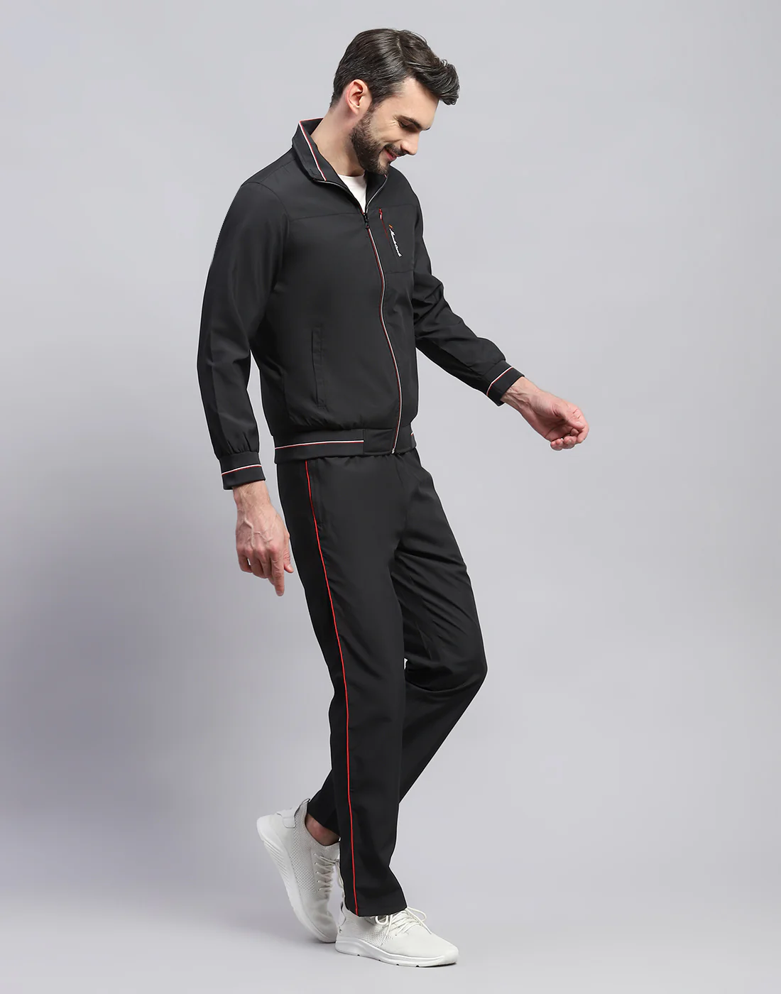 Men Black Solid Band Collar Full Sleeve Winter Tracksuit - Image 4