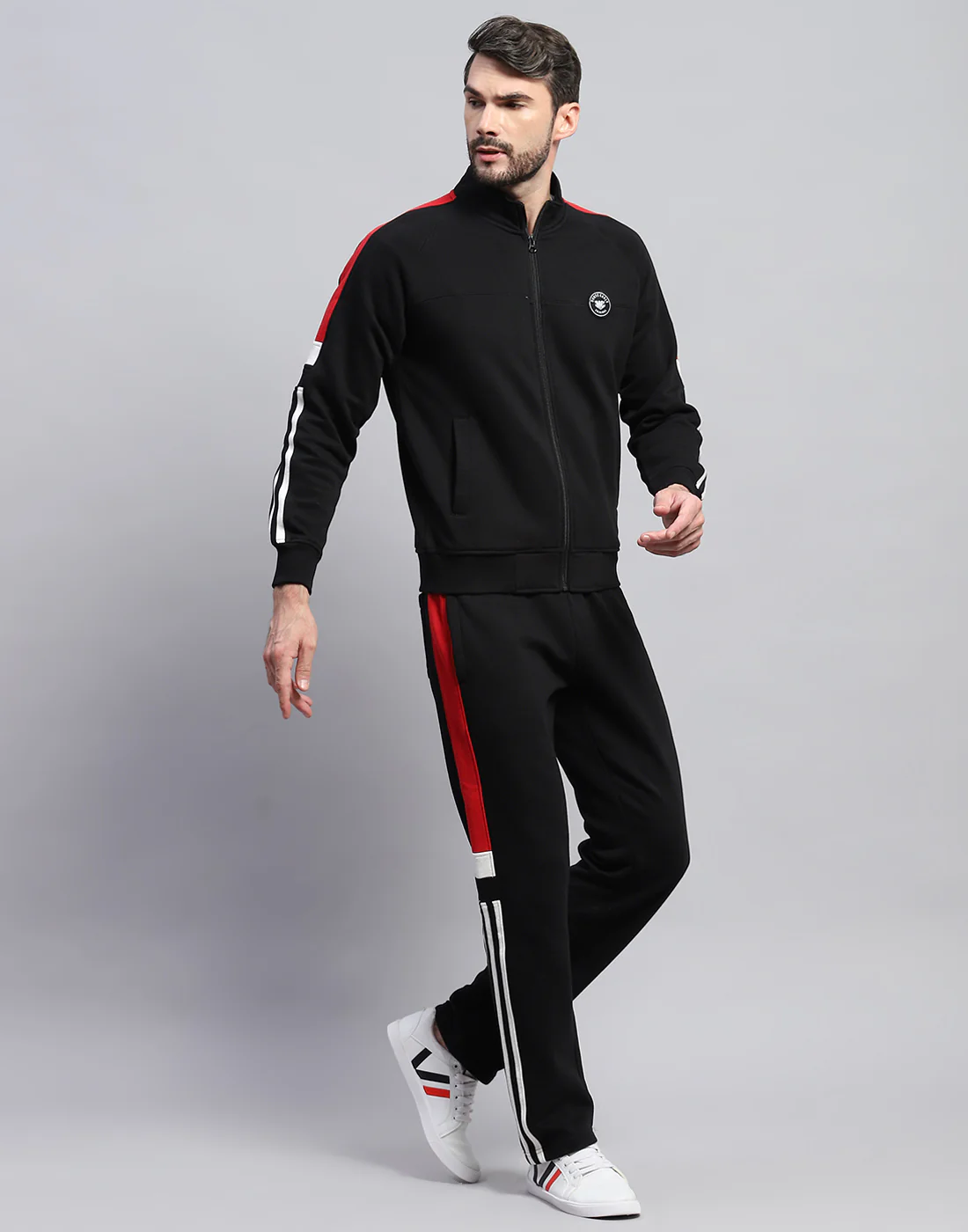 Men Black Solid Band Collar Full Sleeve Winter Tracksuit - Image 2