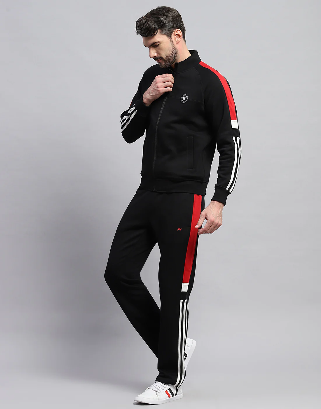 Men Black Solid Band Collar Full Sleeve Winter Tracksuit - Image 3