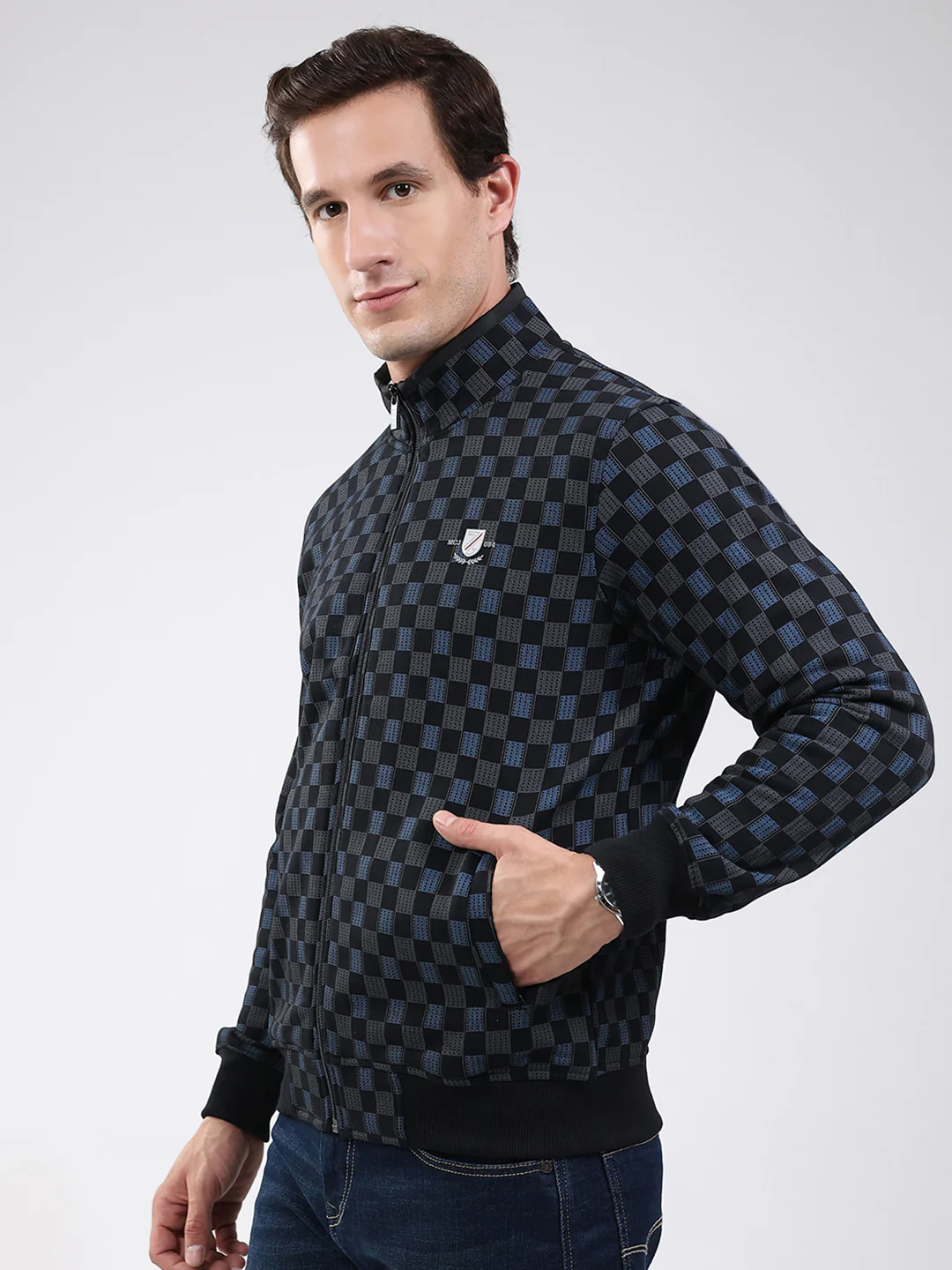 Men Black Solid Band Neck Full Sleeve Sweatshirt - Image 3