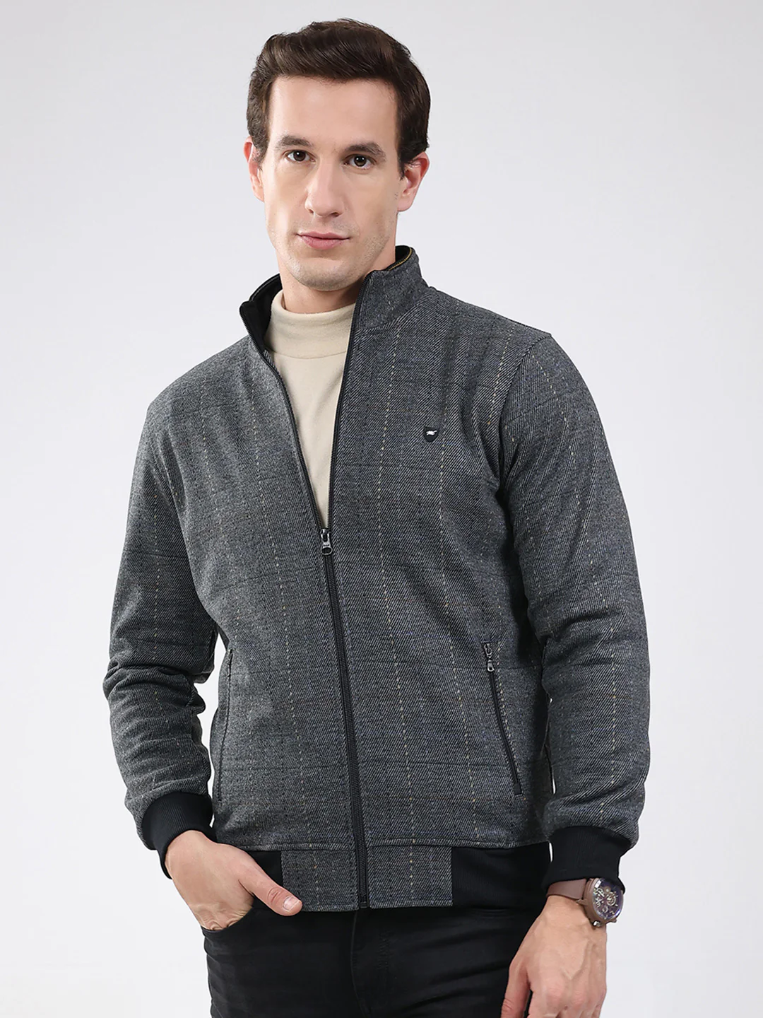 Men Black Solid Band Neck Full Sleeve Sweatshirt - Image 7