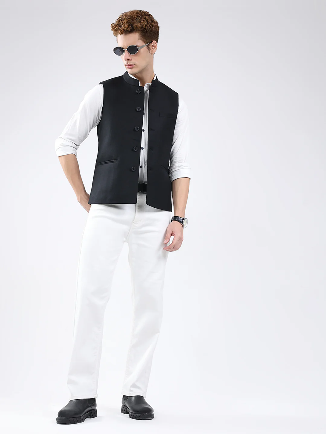Men Black Solid Band Neck Sleeveless Jacket - Image 2