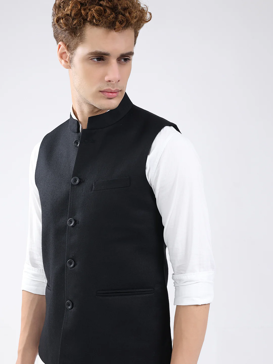 Men Black Solid Band Neck Sleeveless Jacket - Image 7