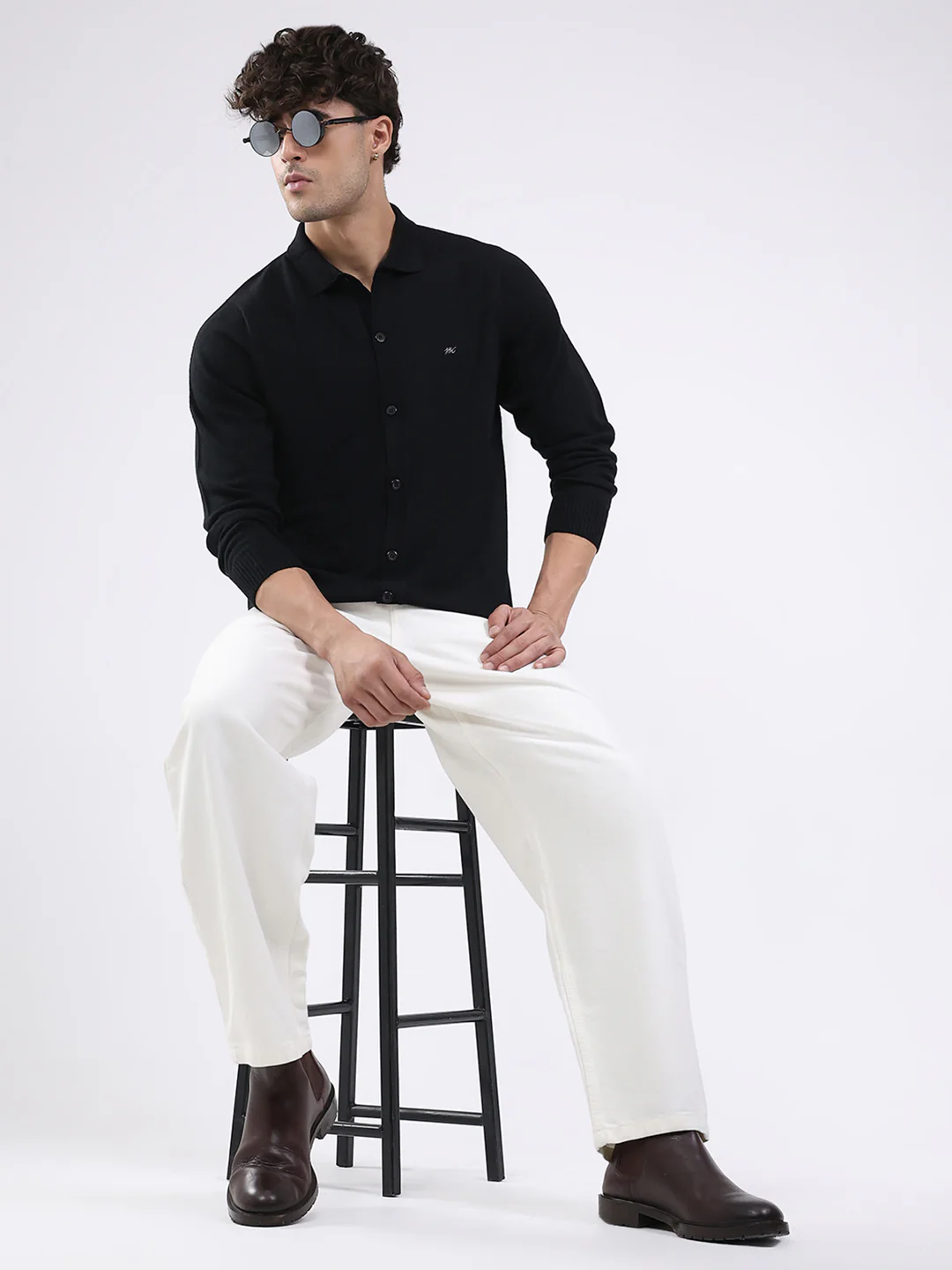 Men Black Solid Collar Full Sleeve Shirt - Image 2
