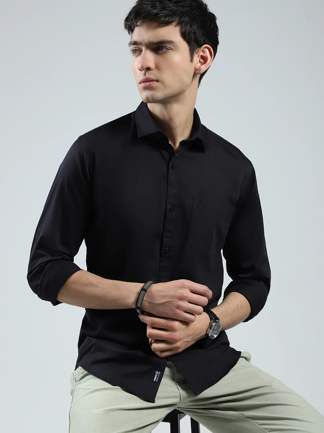Men Black Solid Collar Full Sleeve Shirt - Image 6