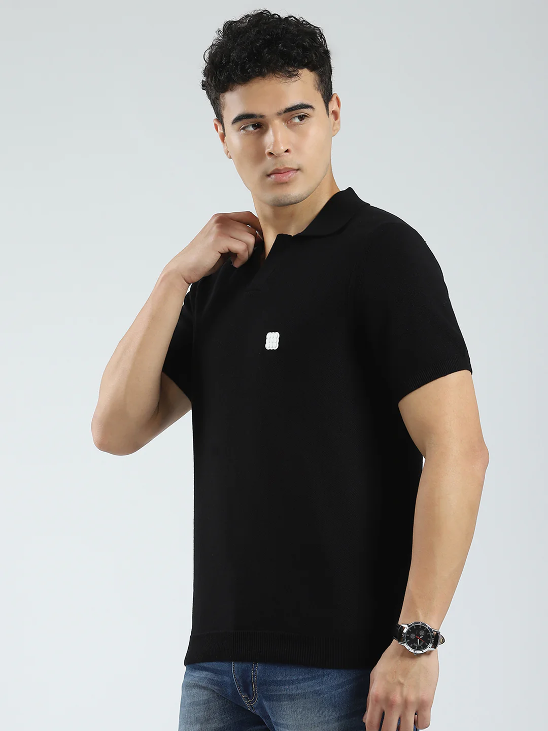 Rock.it Men Black Solid Collar Half Sleeve T-Shirt - Image 3