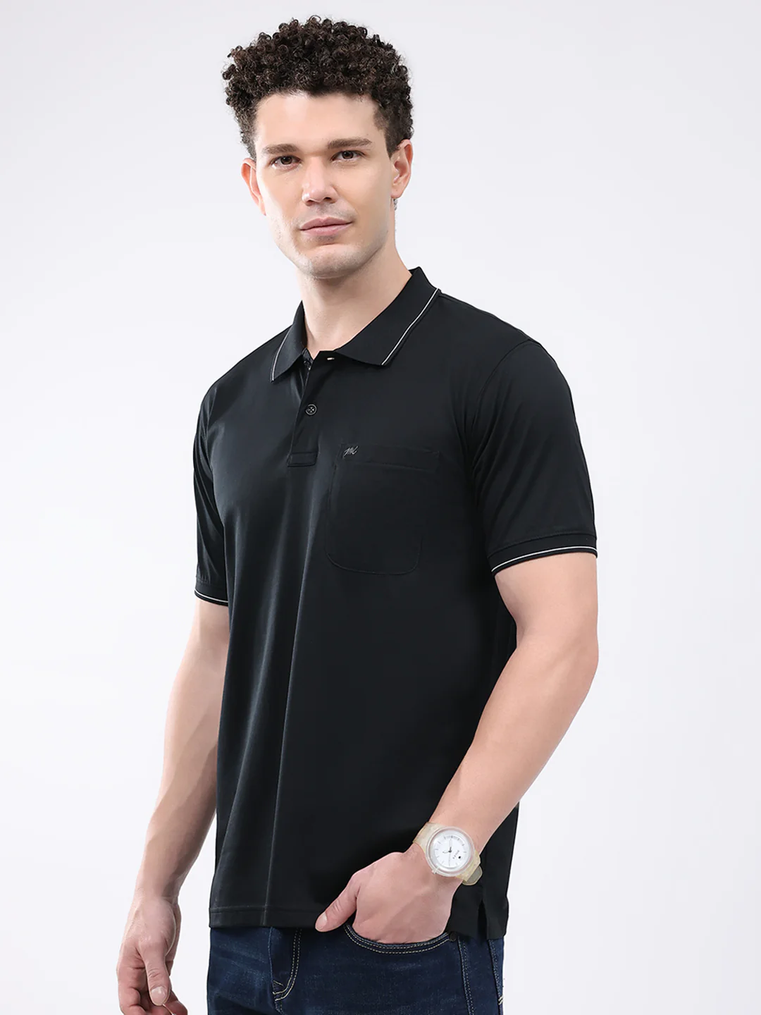 Men Black Solid Collar Half Sleeve T-Shirt - Image 3