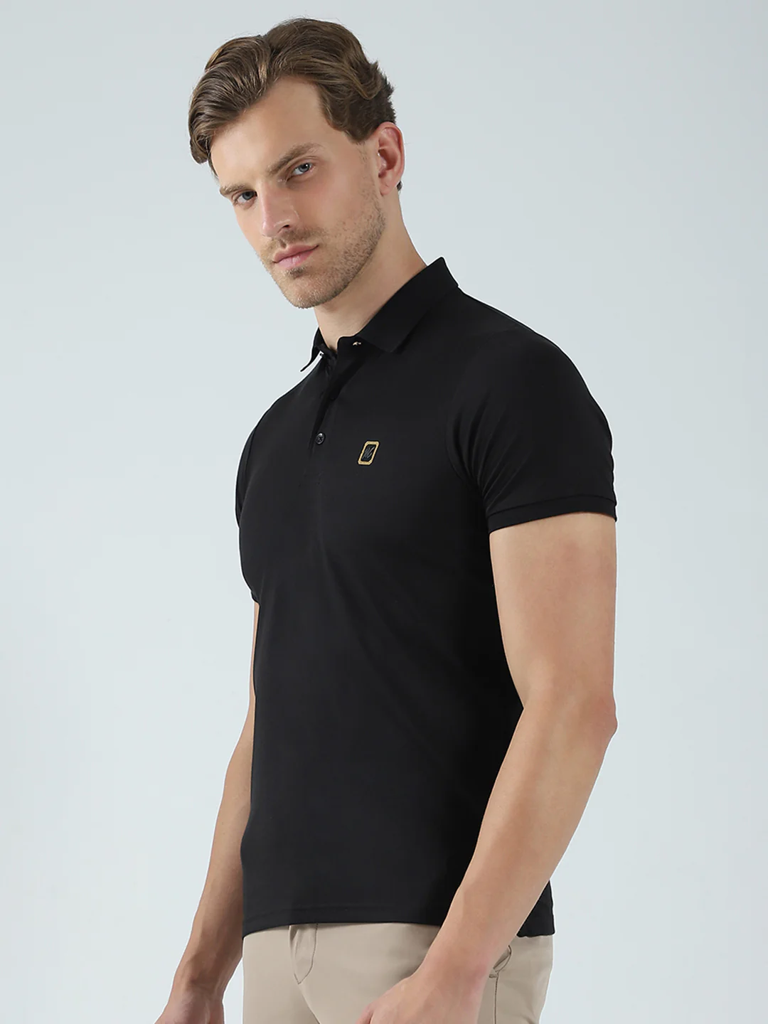 Men Black Solid Collar Half Sleeve T-Shirt - Image 3