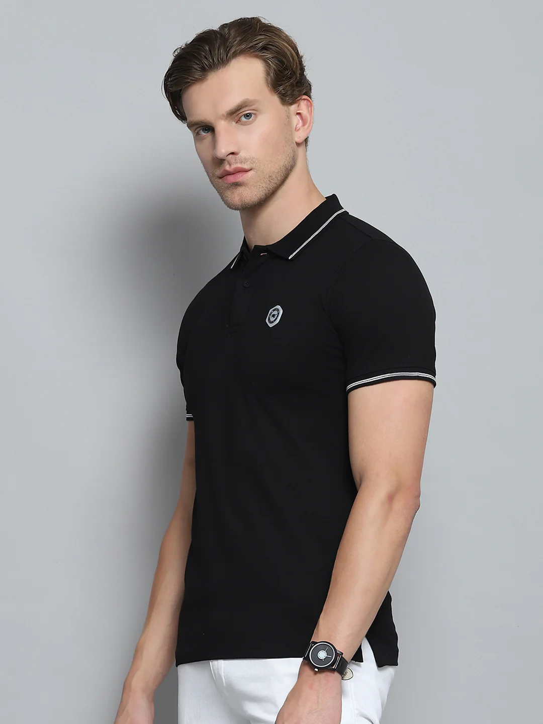 Men Black Solid Collar Half Sleeve T-Shirt - Image 3
