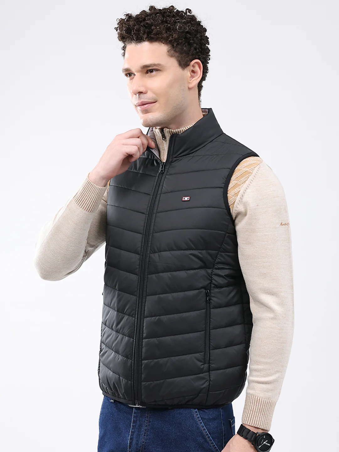 Men Black Solid Collar Sleeveless Jacket - Image 3
