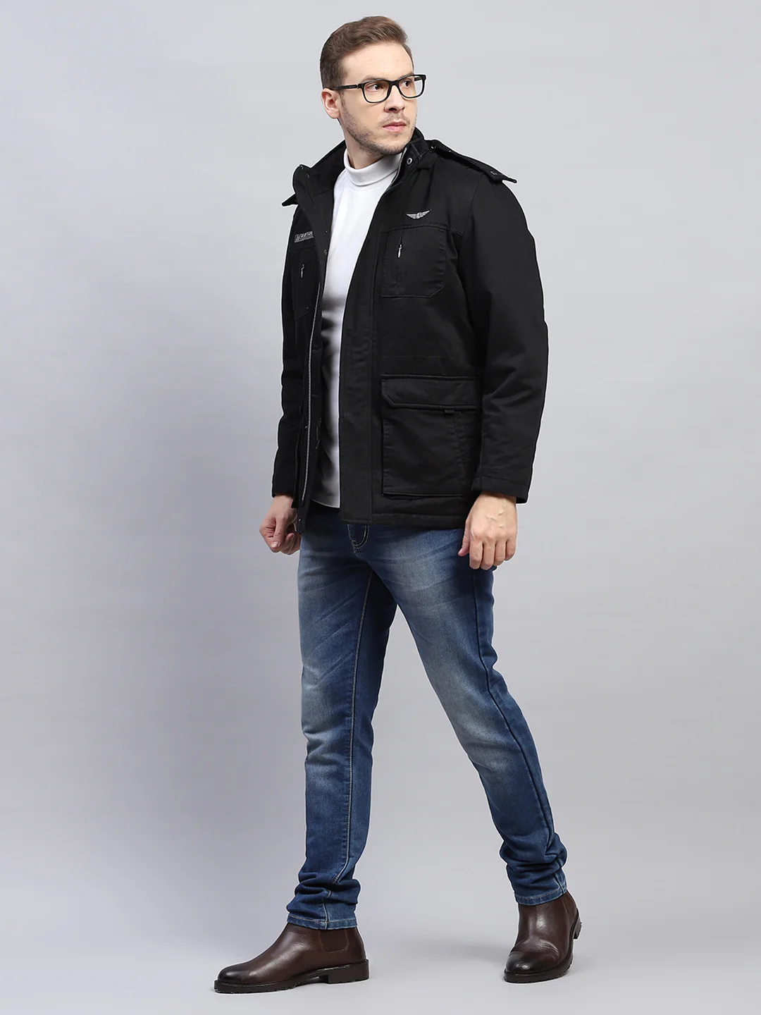 Men Black Solid Detachable Hood Full Sleeve Jacket - Image 2