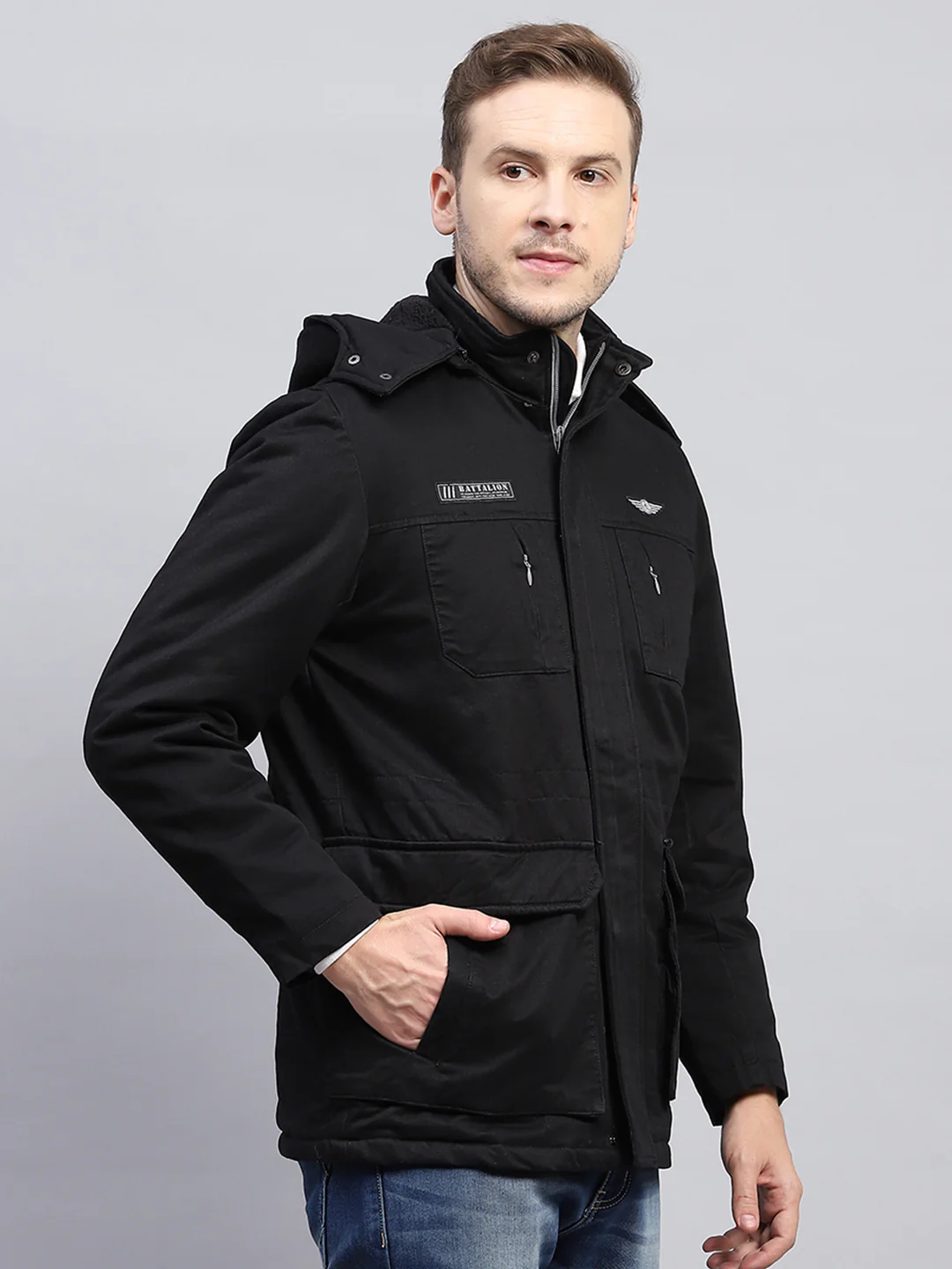 Men Black Solid Detachable Hood Full Sleeve Jacket - Image 4
