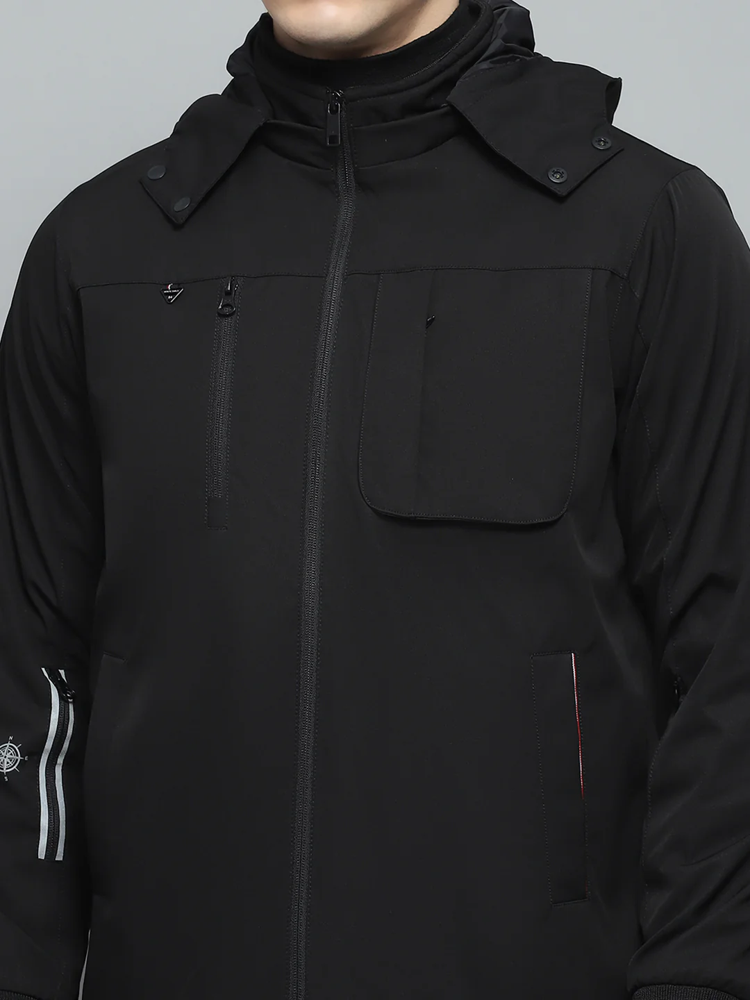 Men Black Solid Detachable Hood Full Sleeve Jacket - Image 6