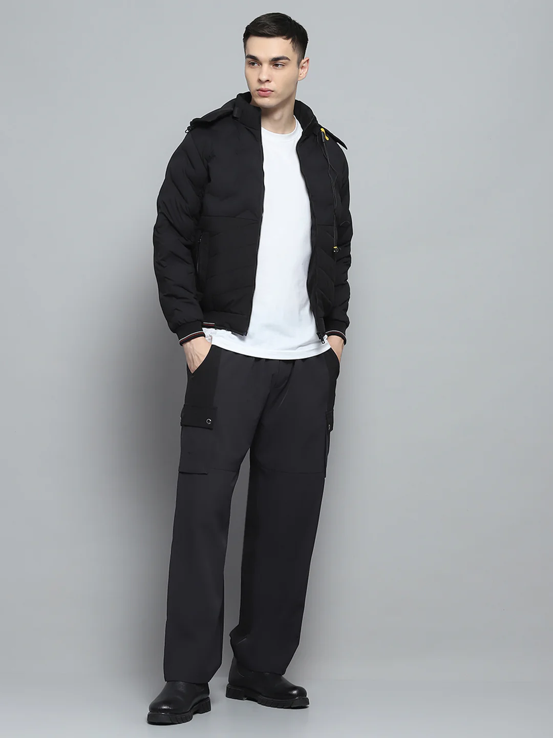 Men Black Solid Detachable Hood Full Sleeve Jacket - Image 2