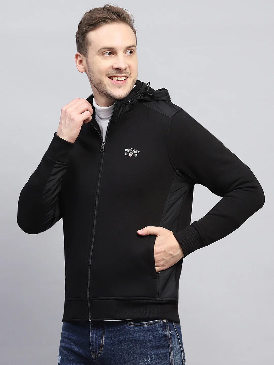 Men Black Solid Detachable Hood Full Sleeve Sweatshirt - Image 3