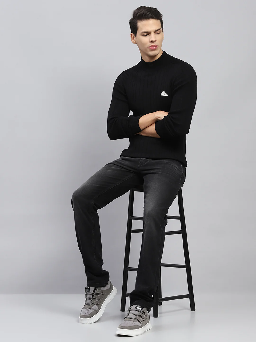 Men Black Solid High Neck Full Sleeve Pullover - Image 2
