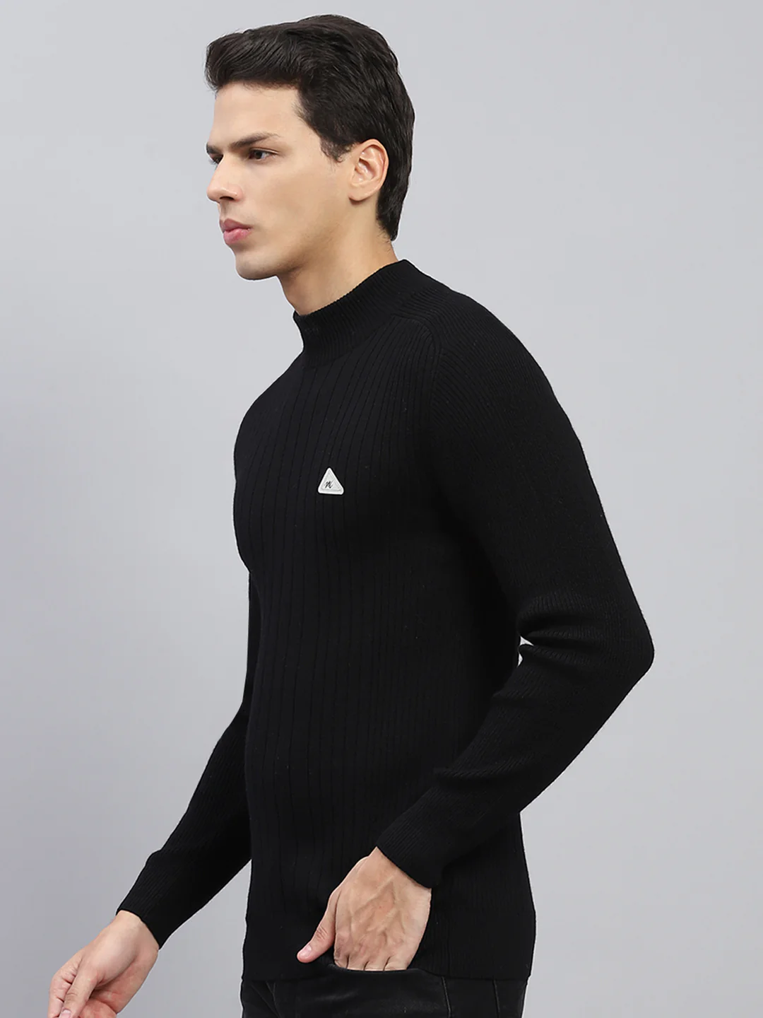 Men Black Solid High Neck Full Sleeve Pullover - Image 3