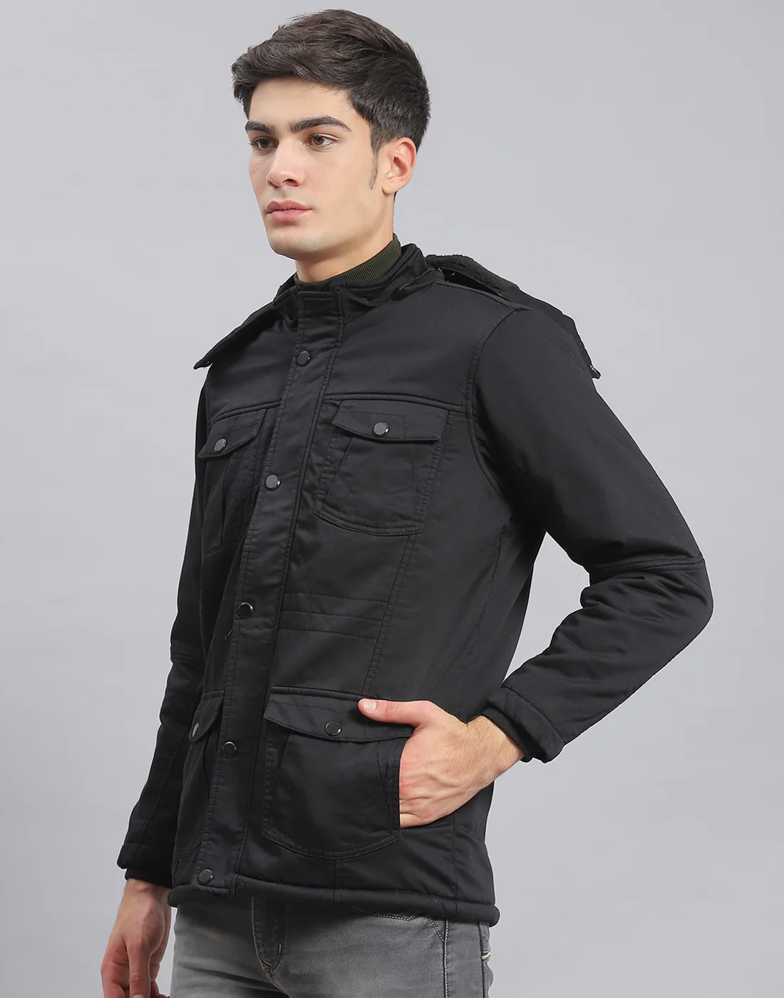 Men Black Solid Hooded Full Sleeve Jacket - Image 3