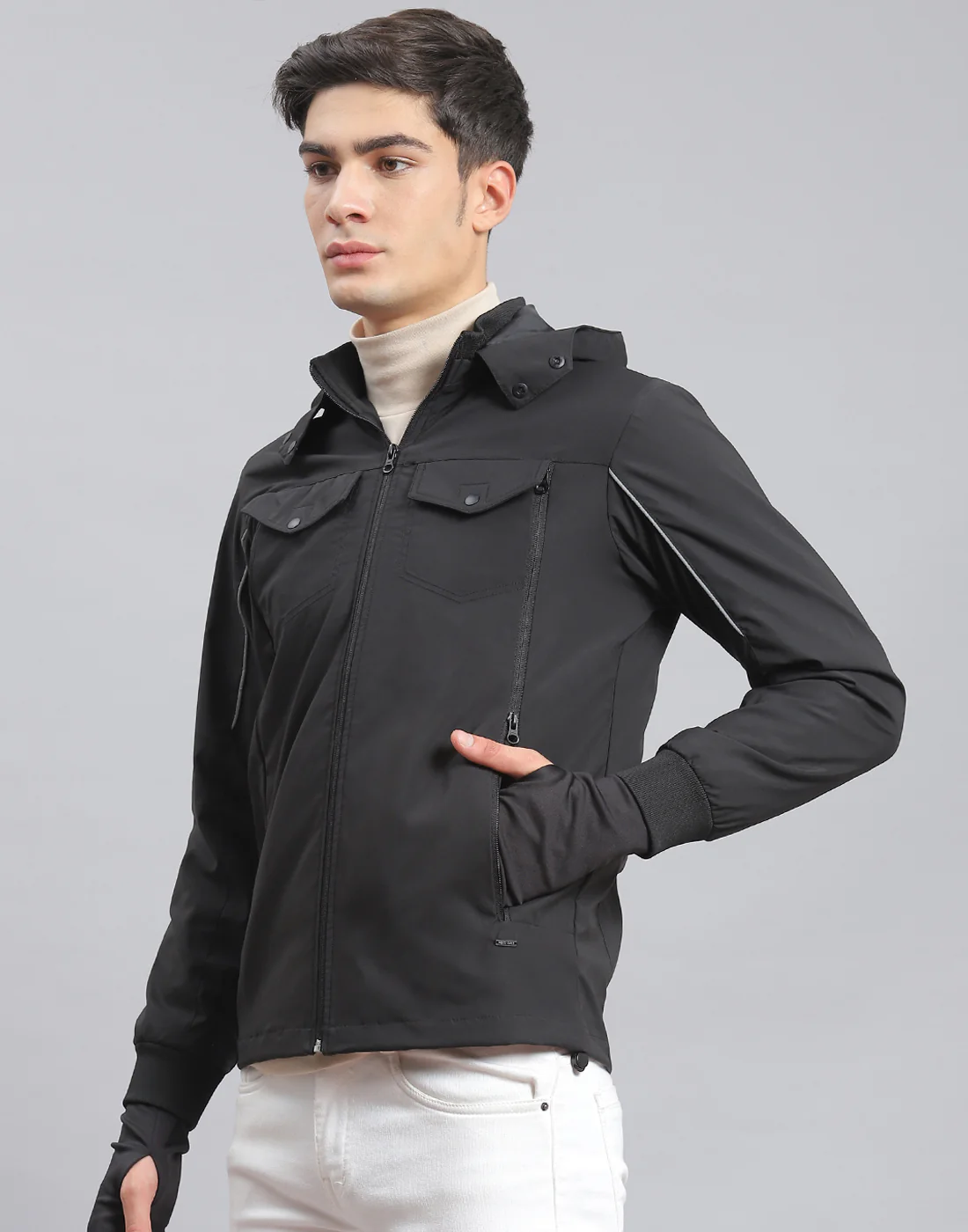 Men Black Solid Hooded Full Sleeve Jacket - Image 3