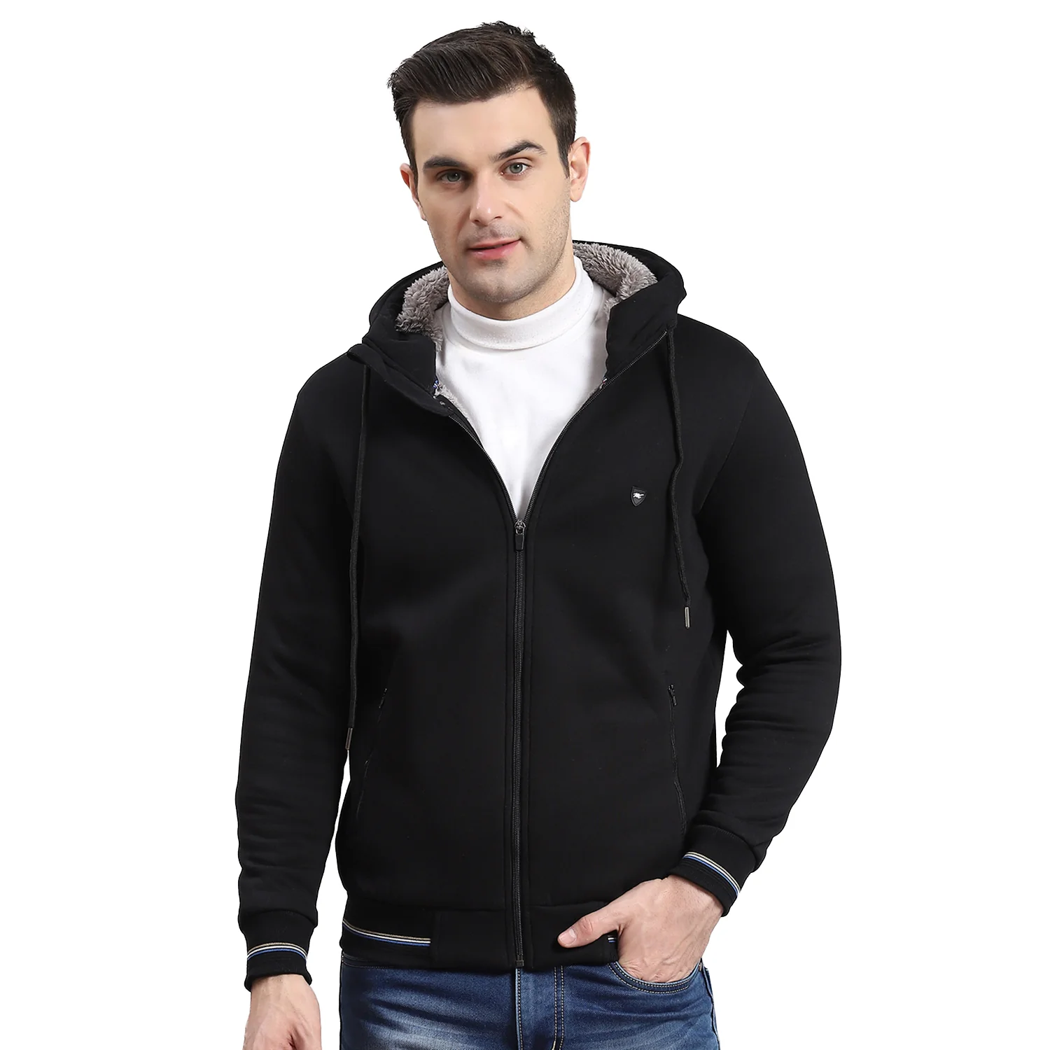 Men Black Solid Hooded Full Sleeve Sweatshirt - Image 5