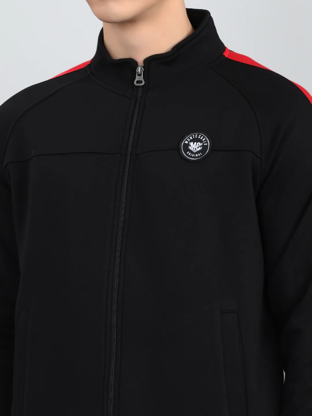 Men Black Solid Mandarin Collar Full Sleeve Winter Tracksuit - Image 5