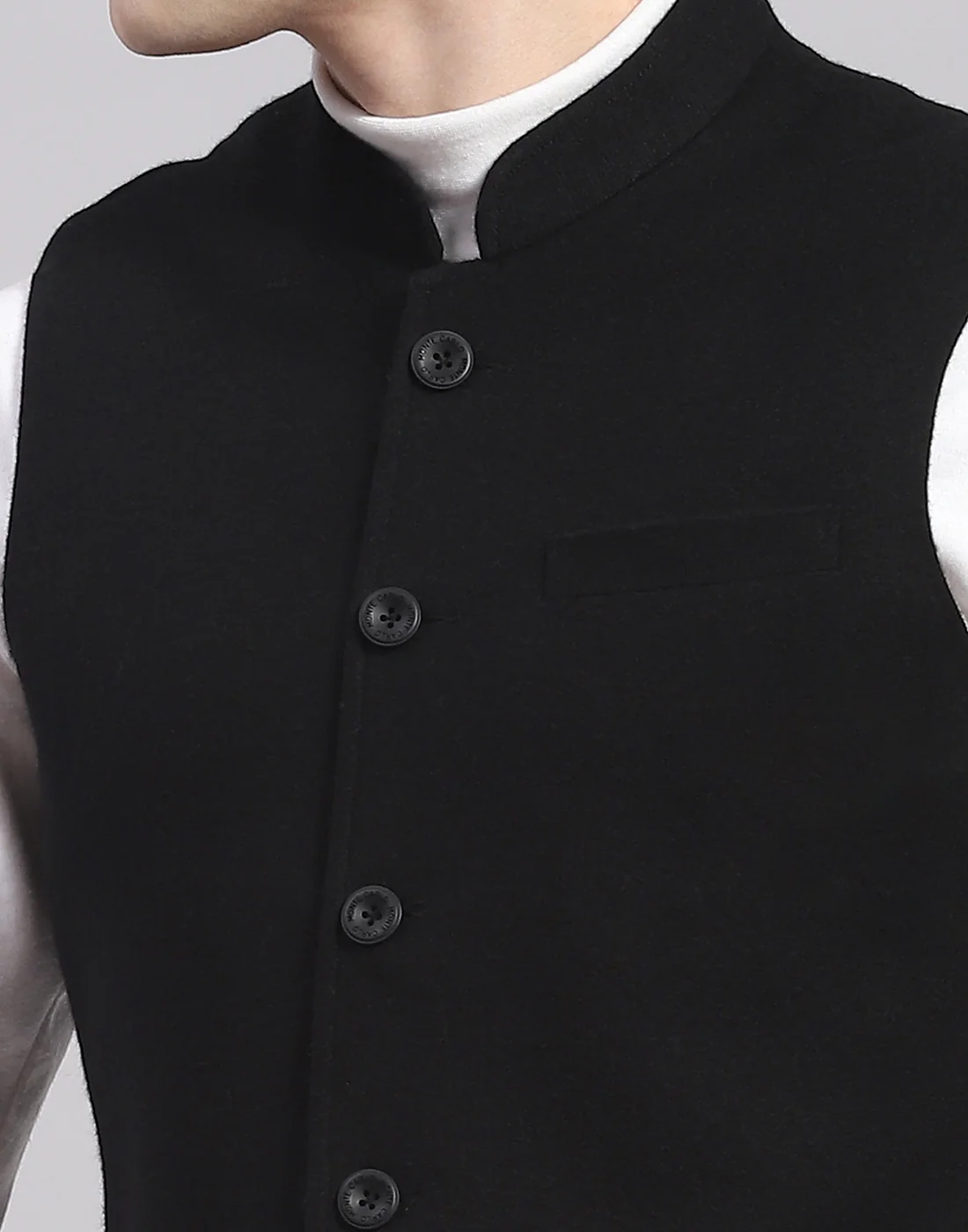 Men Black Solid Mandarin Collar Sleeveless Nehru Jacket - Image 6