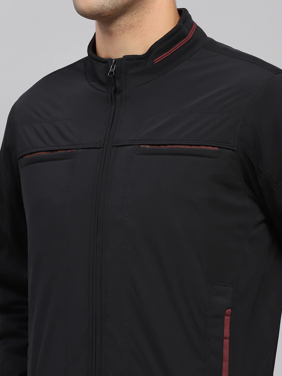 Men Black Solid Mock Neck Full Sleeve Jacket - Image 6