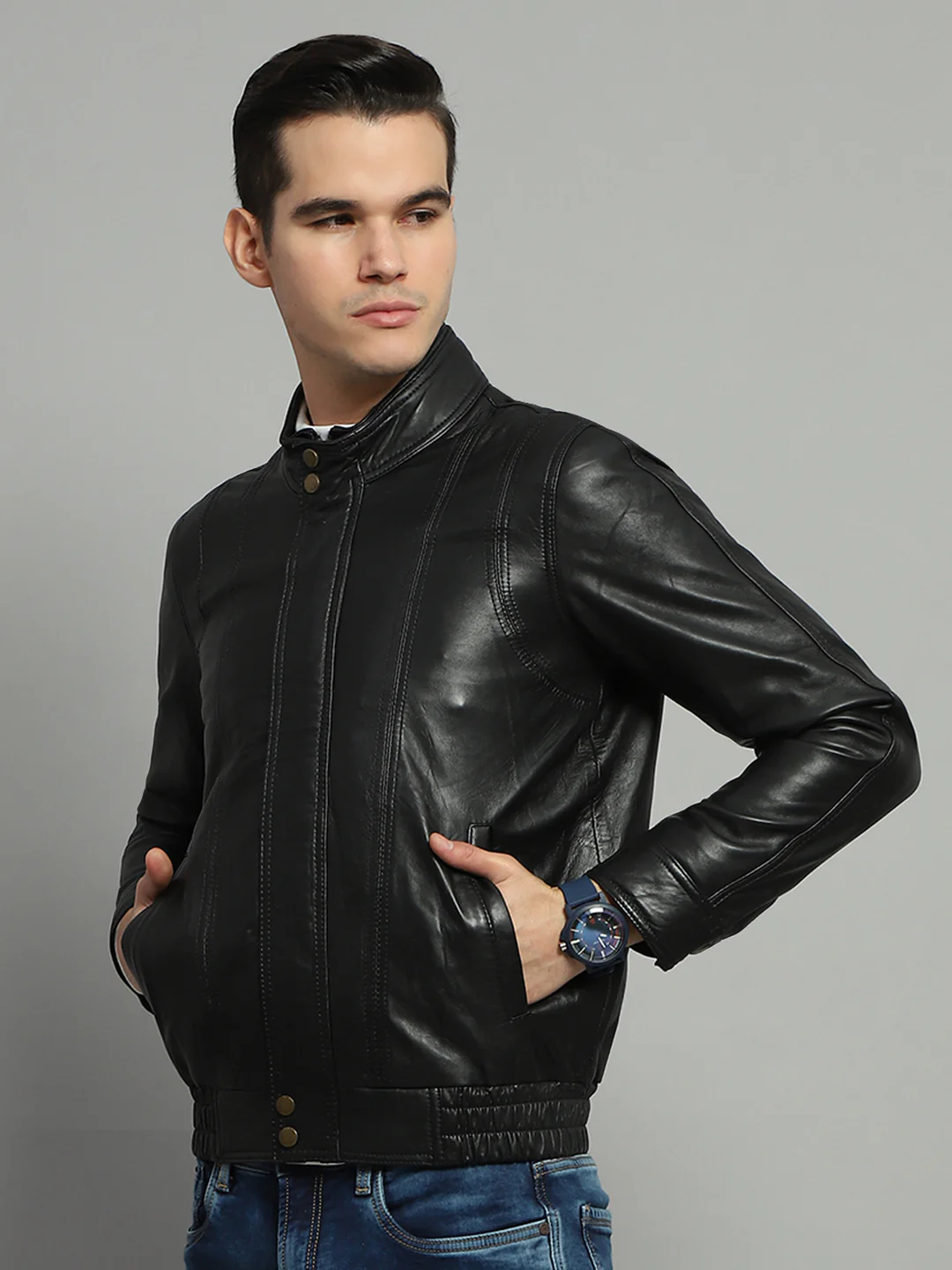 Luxuria Men Black Solid Mock Neck Full Sleeve Leather Jacket - Image 3