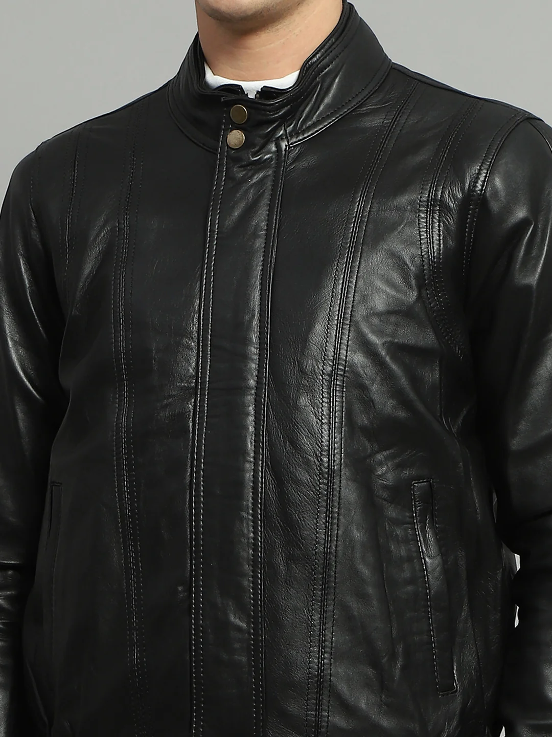 Luxuria Men Black Solid Mock Neck Full Sleeve Leather Jacket - Image 7