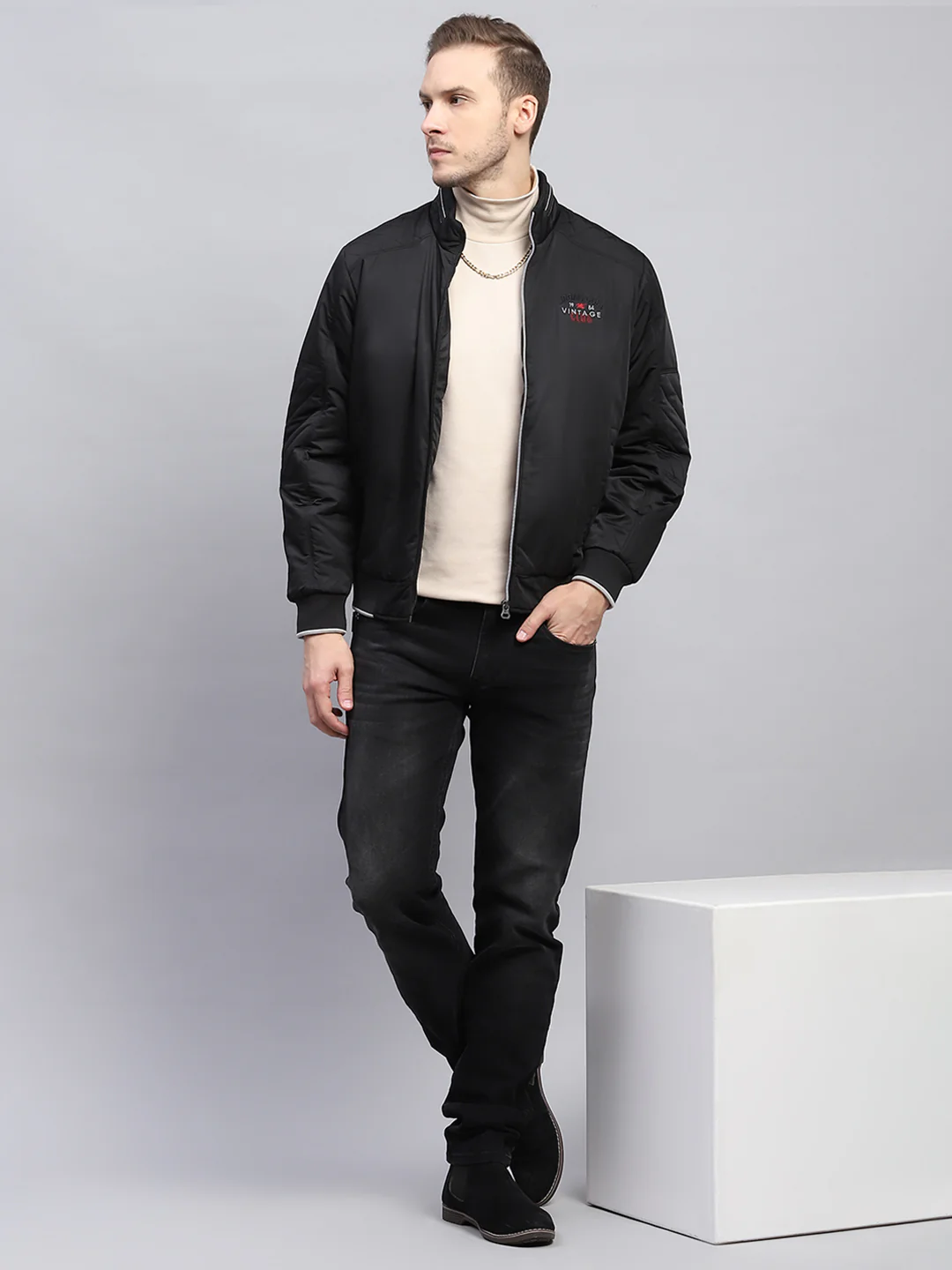 Men Black Solid Mock Neck Full Sleeve Jacket - Image 2