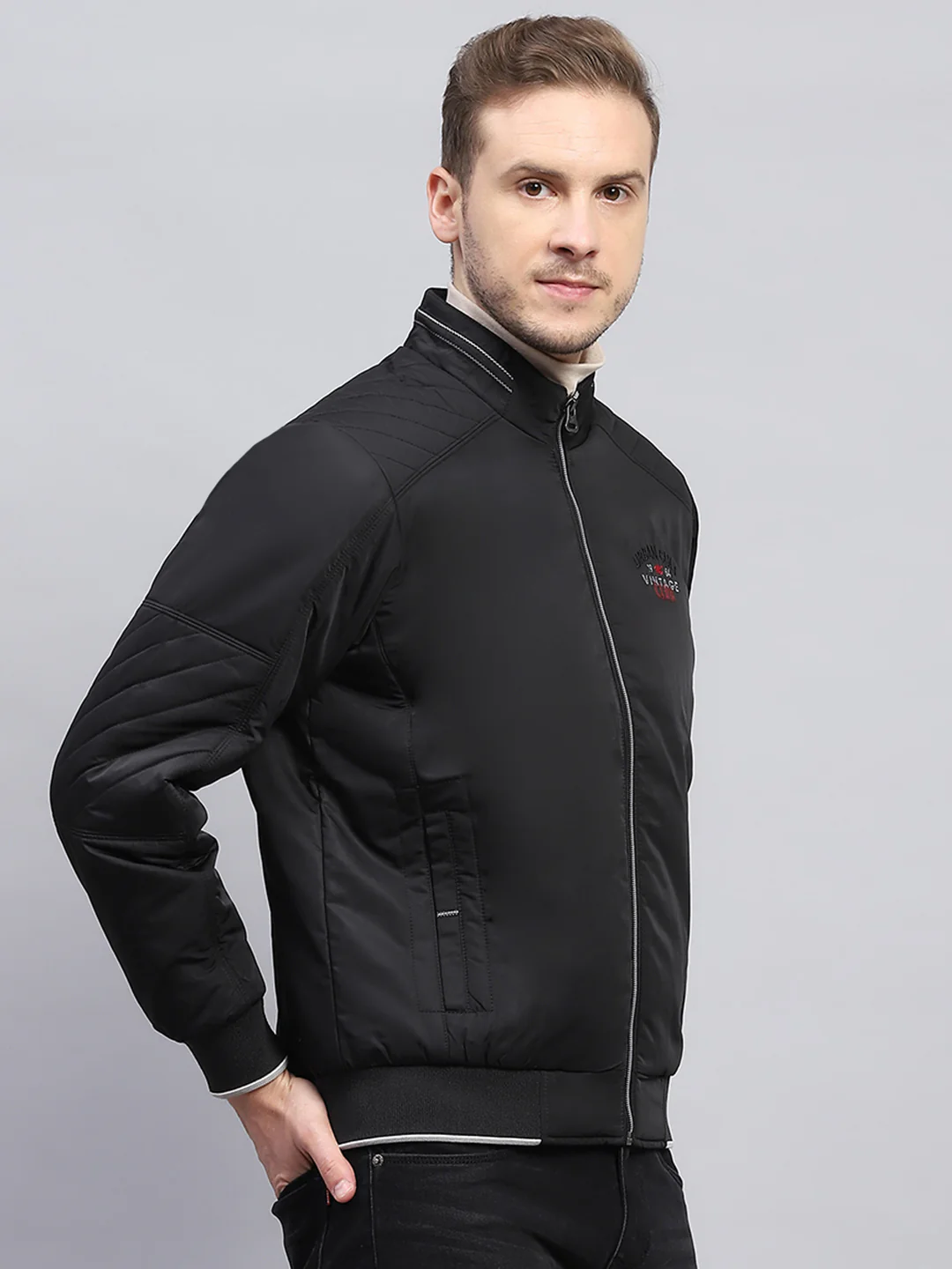 Men Black Solid Mock Neck Full Sleeve Jacket - Image 4