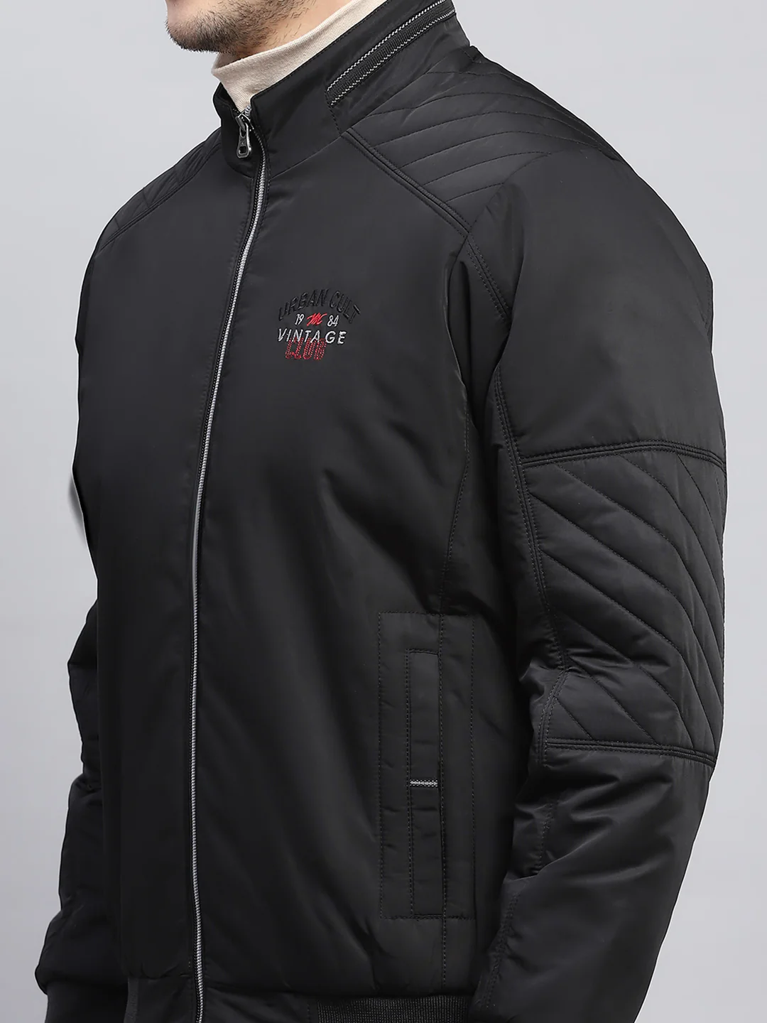 Men Black Solid Mock Neck Full Sleeve Jacket - Image 6