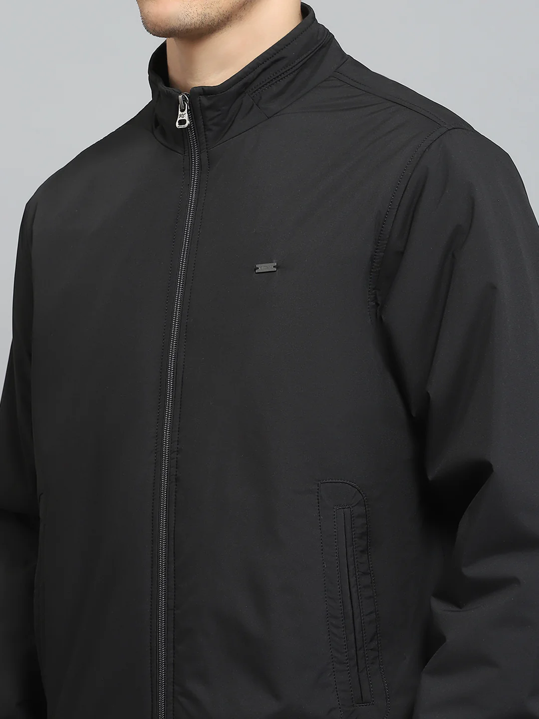 Men Black Solid Mock Neck Full Sleeve Jacket - Image 6