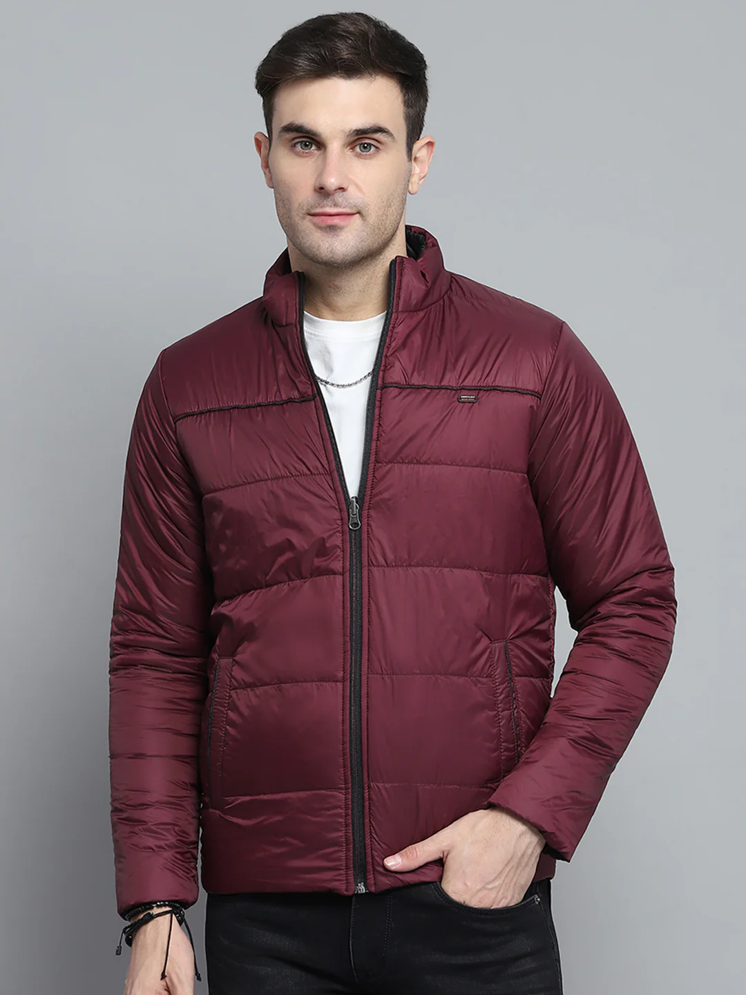 Men Black Solid Mock Neck Full Sleeve Jacket - Image 3