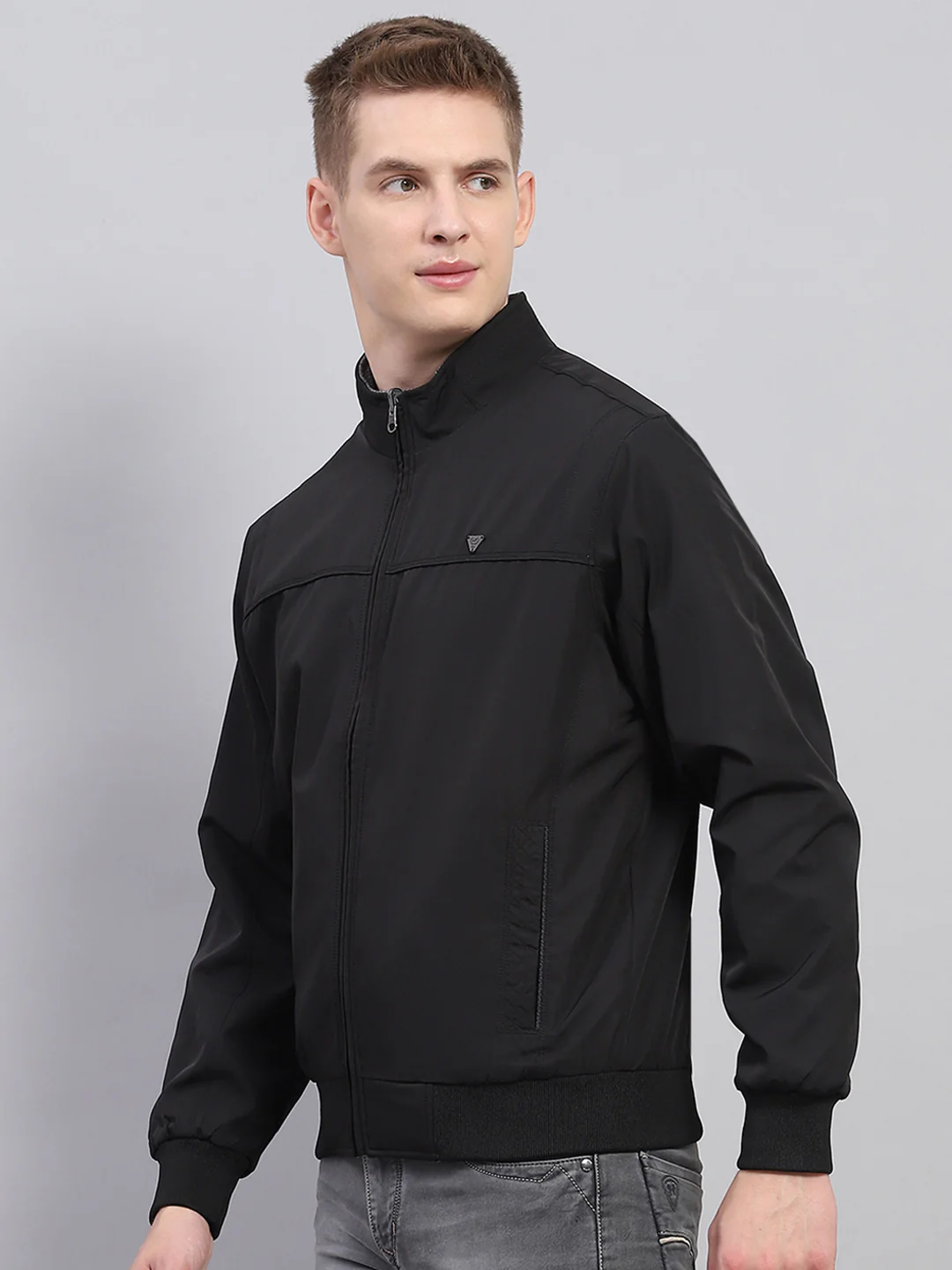 Men Black Solid Mock Neck Full Sleeve Jacket - Image 6
