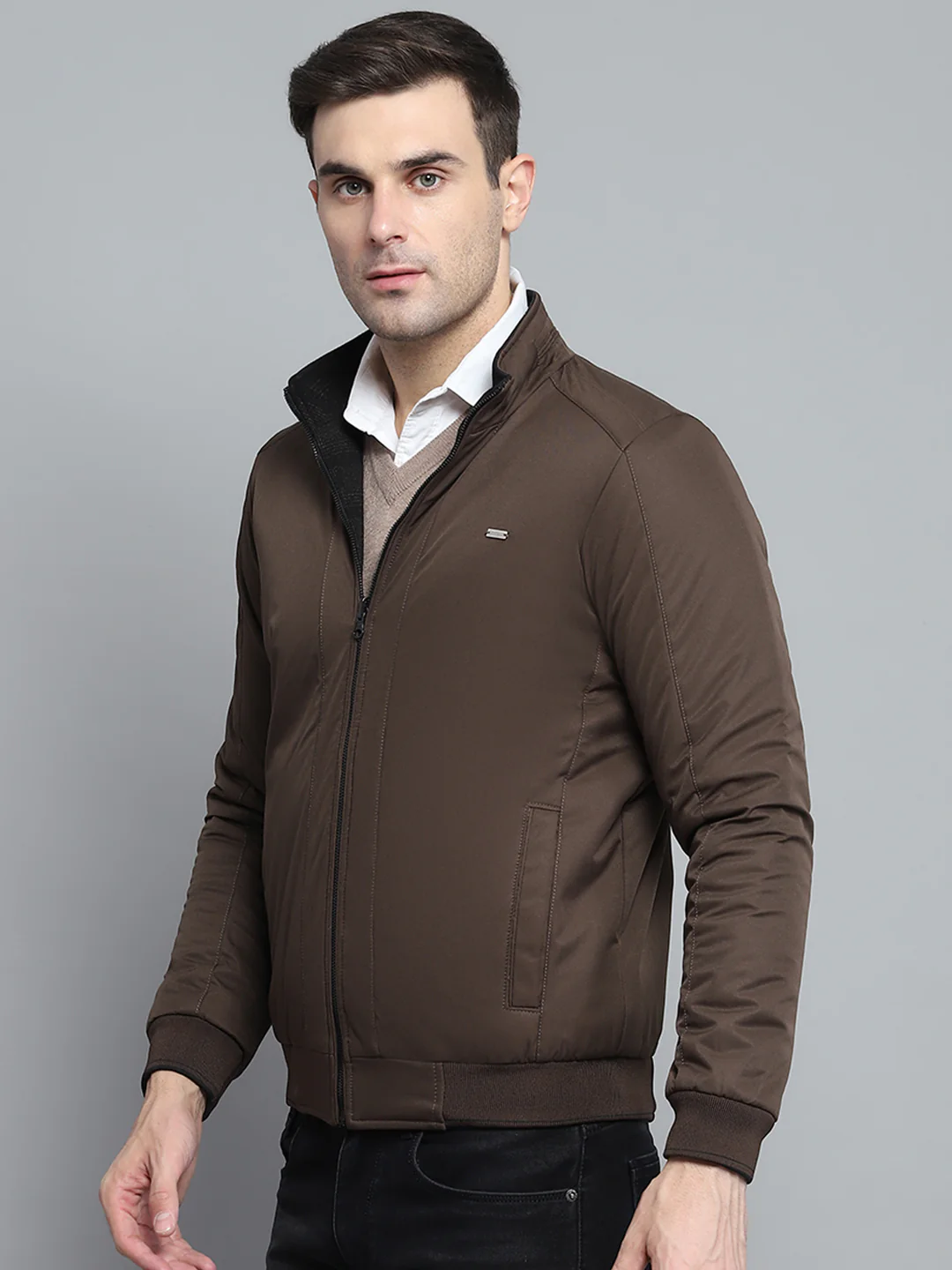 Men Black Solid Mock Neck Full Sleeve Jacket - Image 10