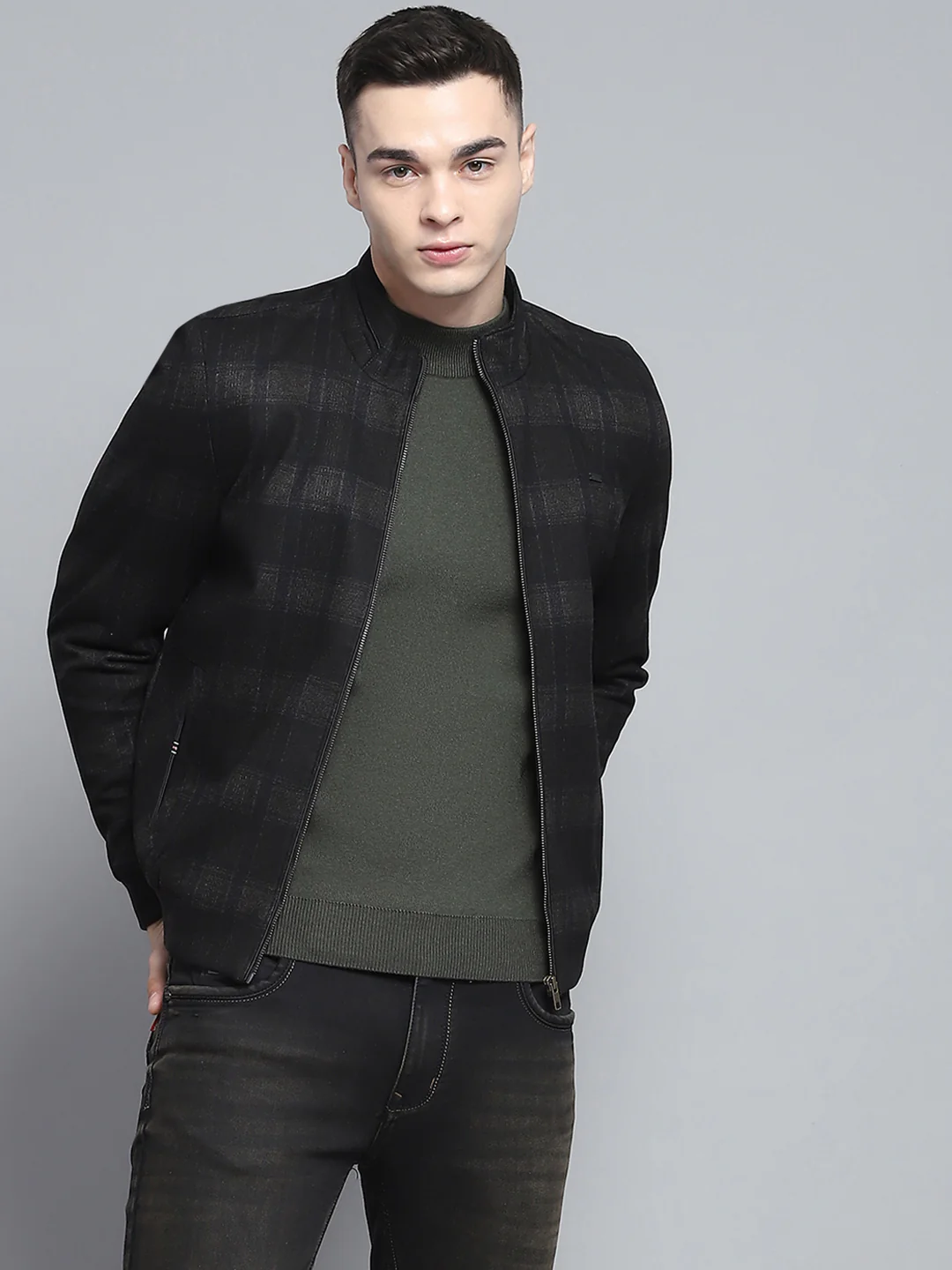 Men Black Solid Mock Neck Full Sleeve Jacket - Image 6